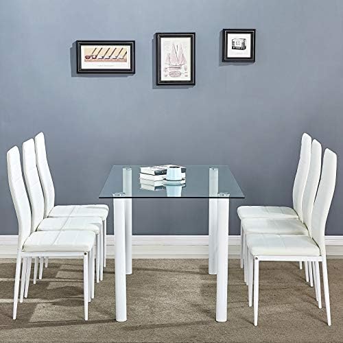LEIMAIJIAJU Dining Table Set Kitchen Furniture with Dining Chairs, Rectangular Dining Set High Back Design (6 White Chairs + Table)
