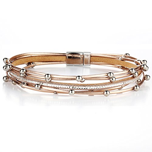 17KM Women Stylish Bracelets Multilayers Silver Beads Leather Bracelets Fashion Charm Wrap Cuff Bracelet for Girls