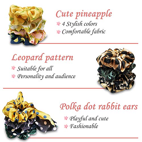 Scrunchies for Hair, 12 Pack Hair Elastics Scrunchies, Cute Pineapple Hair Ties, Hair Bands with Leopard Pattern, Polka Dot Scrunchies with Ribbon, Great Gift for Women or Girls - Thumbnail 2