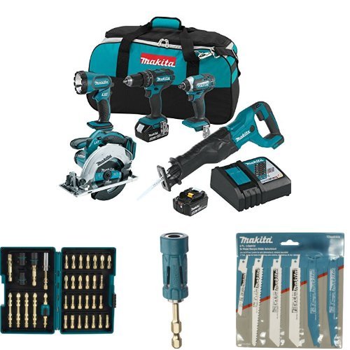 Click Here to See More Images Makita XT505 18V LXT Lithium-Ion Cordless Combo Kit, 5 Piece with Impact Gold Torsion Bit Set (38 Piece), Ultra-Magnetic Torsion Insert Bit Holder, and 6-Piece Recipro Blade Assortment Pack
