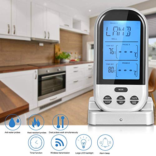 Wireless/Instant Read Meat Thermometer with Dual Probe for Smoker,Perfect for Grilling or Kitchen Use
