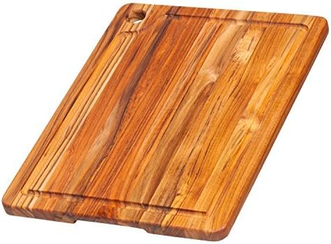 Teak Cutting Board - Rectangle Edge Grain Board With Corner Hole And Juice Canal (16 x 12 x .5 in.) - By Teakhaus by Teakhaus