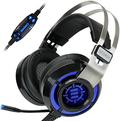 ENHANCEUsed) Scoria Computer Gaming Headset Headphones with USB 7.1 Surround Sound, Bass Vibration, Adjustable LED Lighting, in-Line Controls & Retractable Microphone