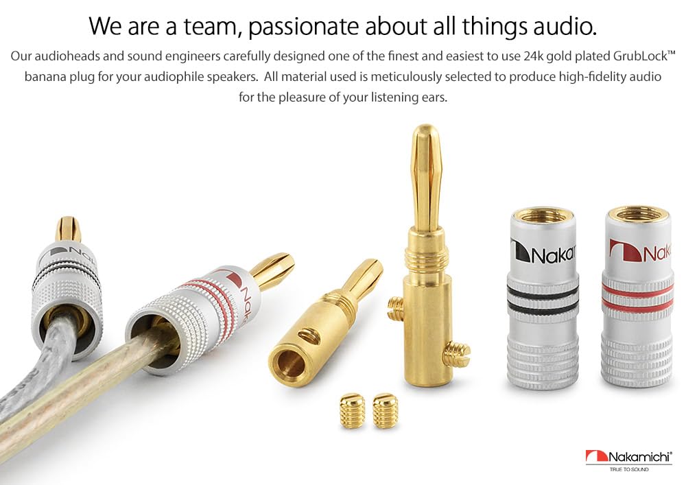 Nakamichi 24K vergoldeter Bananenstecker 12 AWG - 18 AWG Gauge Größe 4mm für Lautsprecher Verstärker Hi-Fi AV Receiver Stereo Heimkino Audiokabel Stecker schraubbar 4 Stück (2-Paare) 4