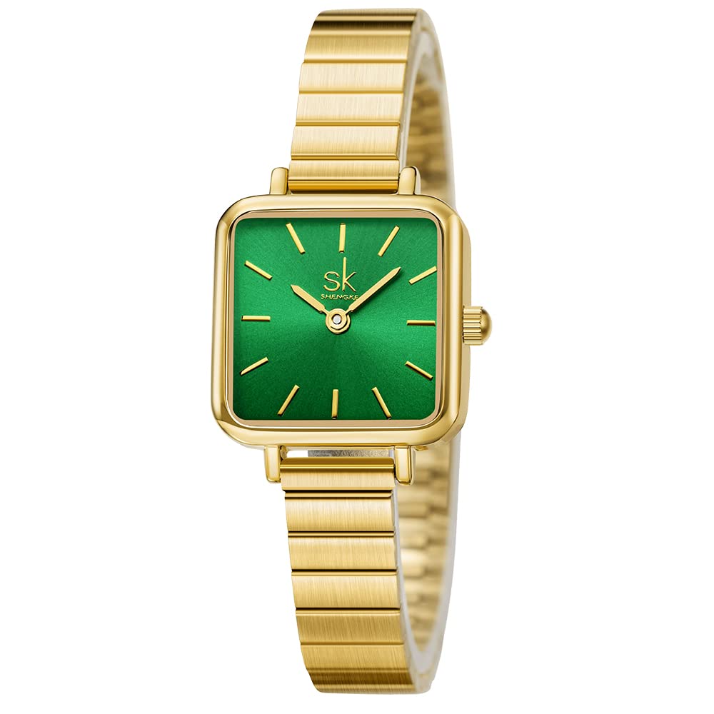 SHENGKE SK Fashion Ladies Watches Minimalistic Simplicity Square Women Watches (Green-Gold)