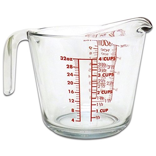 Kitchen Classics 195-91661LIB 32 Oz. Measuring Cup; Holds 32 Ounces/1 Liter; Clear Glass; Red Print; Oven, Freezer, Dishwasher and Microwave Safe; Handle and Spout for Easy Pouring