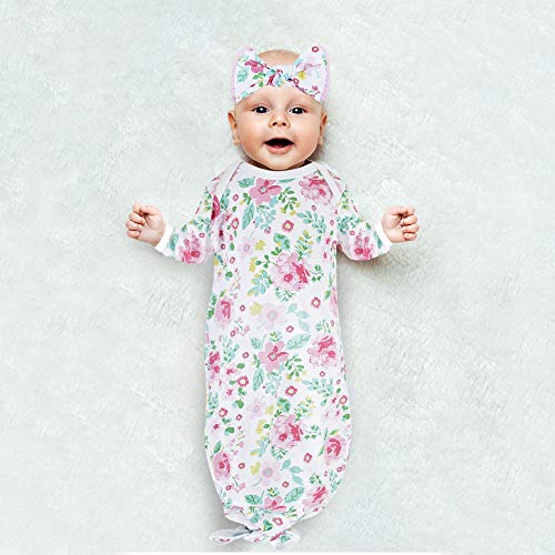 Coming Home Outfit for Baby Girl Newborn - Fall/Winter Knotted Infant Sleeper Gown with Headband (Tropical Flowers)