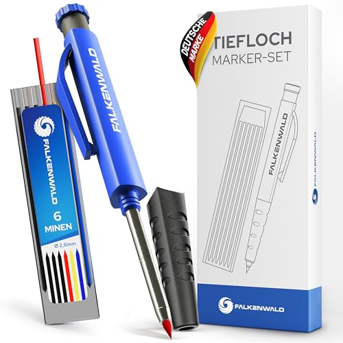 FALKENWALD Deep Hole Marker Pencil [+ 7 Leads + Sharpener + Writing Handle] - Carpenter's Pencil for Marking on Stone Wood Metal Concrete - Construction Site Pencil - Carpenter's Tool