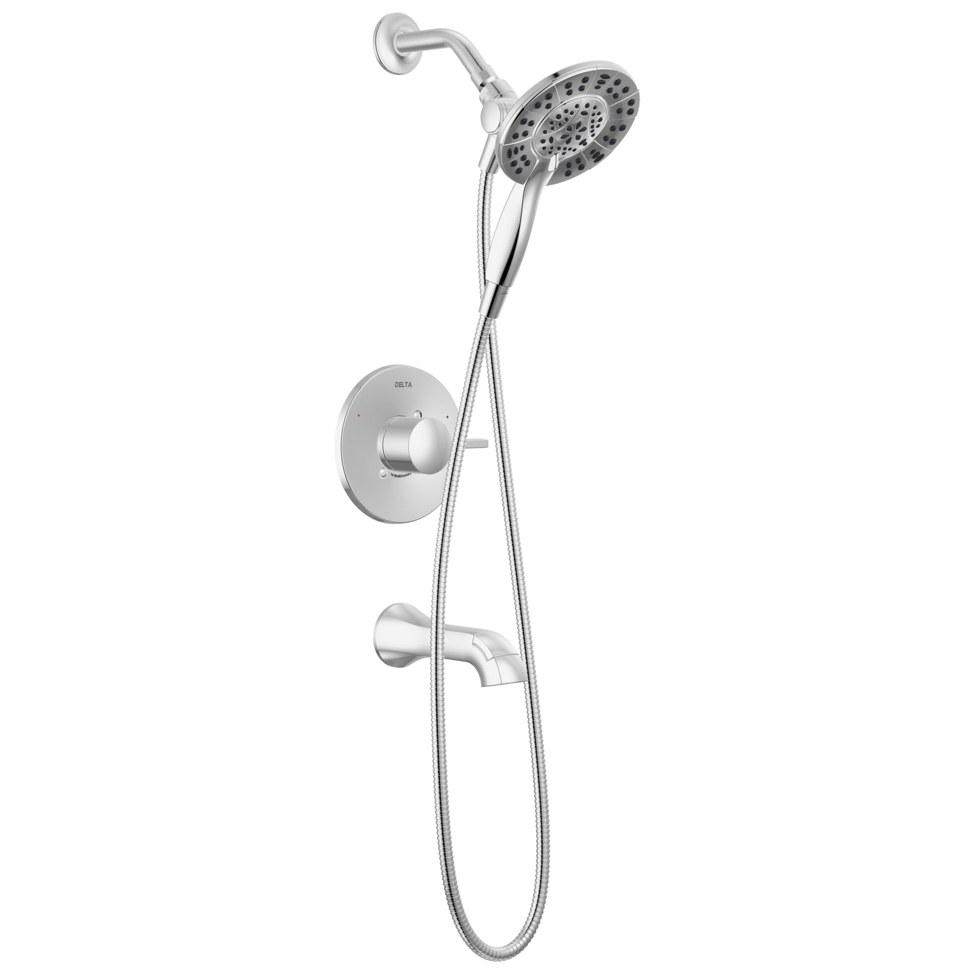 Photo 1 of Delta Faucet Albion 14 Series Single-Handle Tub and Shower Faucet Set, Chrome Shower Trim Kit with 4-Setting In2ition 2-in-1 Dual Hand Held Shower Head, Chrome T144855-I (Valve Not Included)