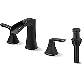 Fapully Black Bathroom Faucet 3 Hole, Waterfall 8 Inch Widespread Bathroom Sink Faucet with Pop-up Drain, Two-Handle Faucet for Bathroom Sink