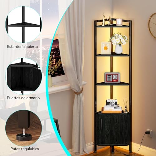 GARUISKY Estante Esquinero con Puertas y Luz LED, Librero de 5 Niveles con Estantes, Organizador de Estantes de 1.6m de Alto, Ideal para Esquinero para Sala, Dormitorio, Oficina (Negro)