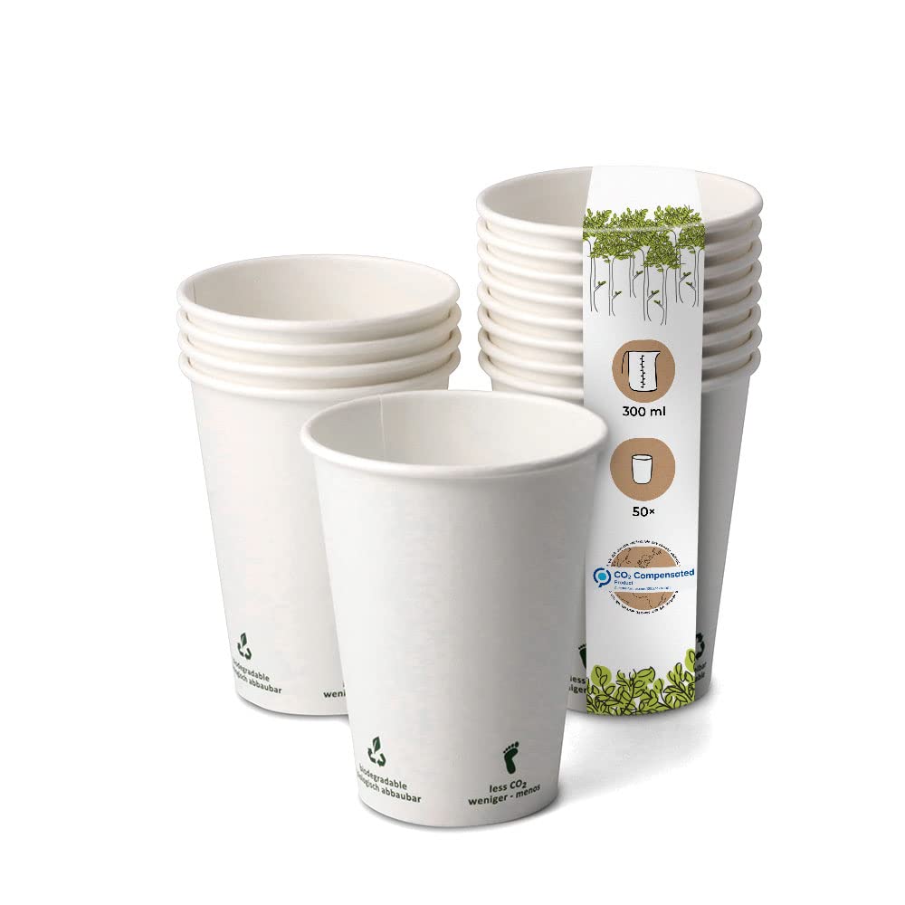 BIOZOYG 50x Disposable Coffee Cups 300 ml / 12 oz, Ø 90 mm White with Environmental Icons - Paper Cups for hot Drinks Plastic-Free - Coffee Cups Disposable