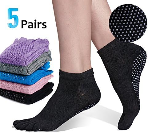 Yoga Socks Non Slip Skid Pilates Barre Grip Socks With Toes Cotton For Women Men -5 Pack