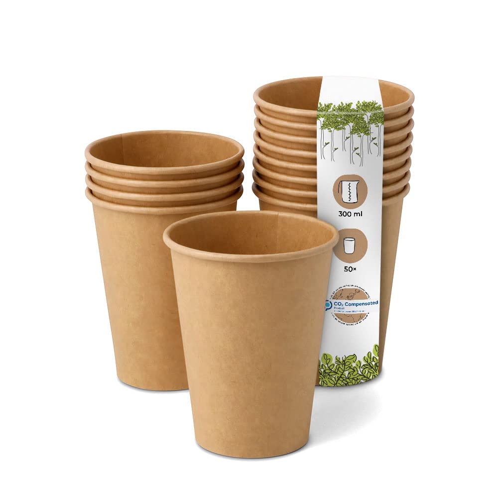 GREENBOX Compostable Organic Disposable Cups, Drinks Cups, Disposable Cups, Paper Cups with PLA Coating, Pack of 50 Coffee to Go, Paper Cups, Brown, Unbleached, 300 ml, 12 oz