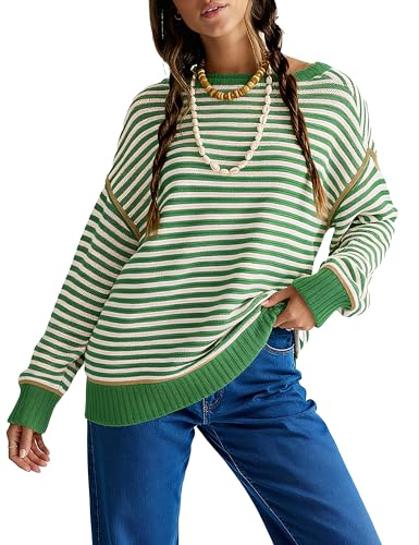 Majdan Women's Oversized Striped Sweater Long Sleeve Knitted Crewneck Pullover Tops Loose Fall Outfits (Green-L) at Amazon