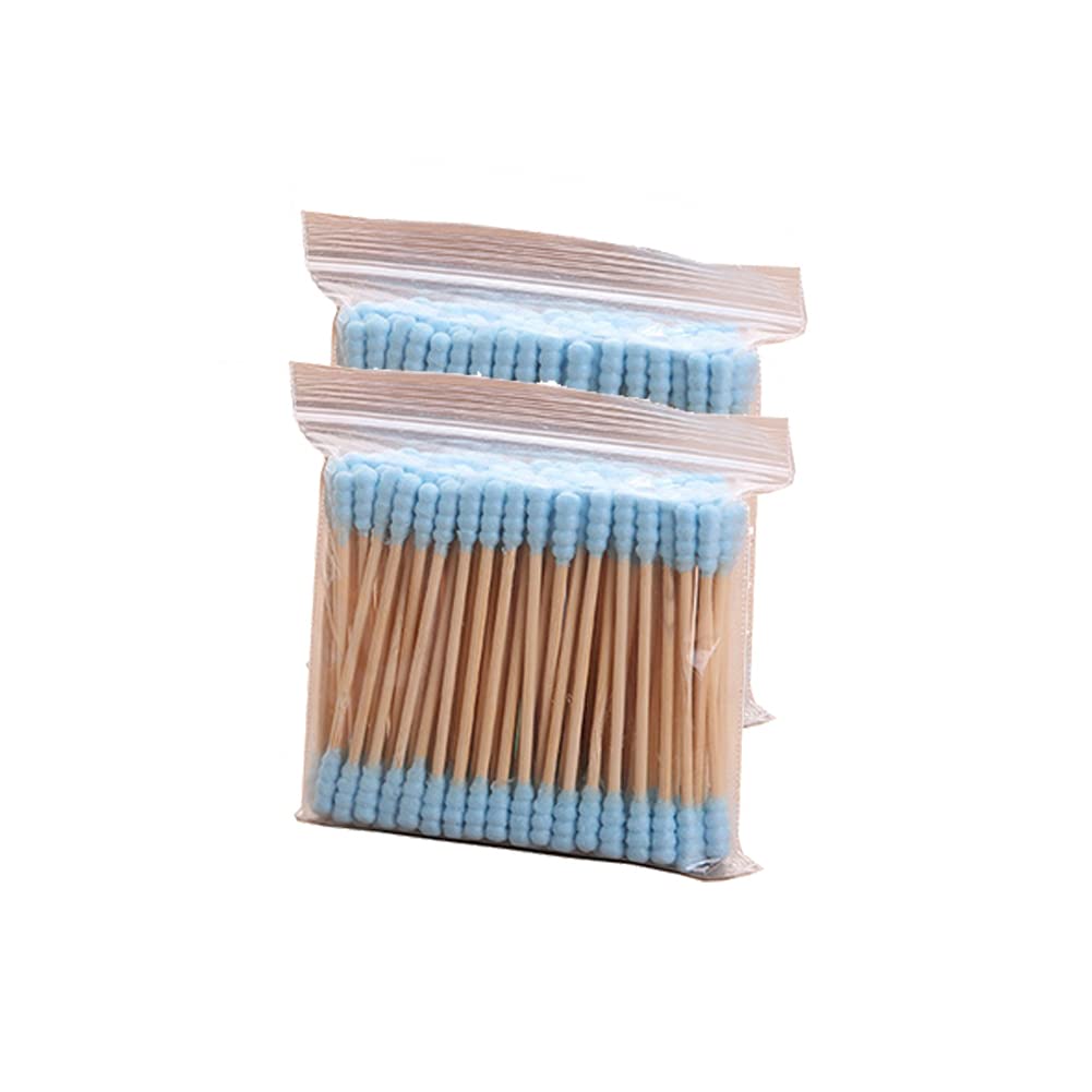 JIHUOO 200 Pcs Double Head Cotton Swabs Ear Cleaning Cotton Buds Makeup Remover Swabs Spiral Cotton Heads for Cosmetics Blue