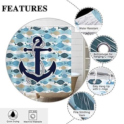 Allenjoy Fish Anchor Shower Curtain Set Underwater Tropical Cartoon Fish for Kids Ocean Nautical Ripple Waterproof… 51UpIA5ye%2BL