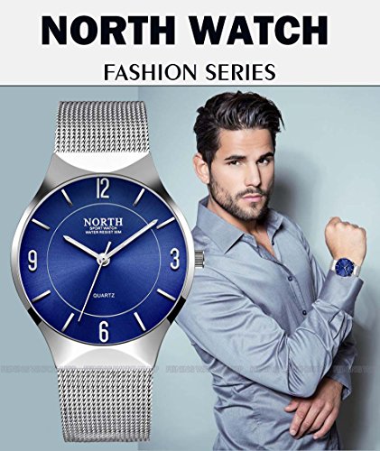 NORTH Silver Stainless Steel Mens Watch Fashion Analog Quartz Men Wrist Watches Casual Waterproof Military Wristwatch for Men Blue - Thumbnail 3