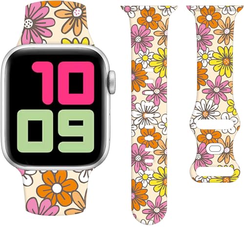 Sport Watch Bands Compatible with Apple Watch Band 38mm 40mm 41mm for Women Men, Adjustable Soft Silicone Replacement Smartwatch Wristband for iWatch Series 7 6 5 4 3 2 1 SE(Vintage Sunflower)