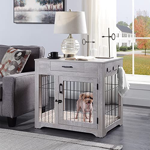 unipaws Furniture Style Dog Crate End Table with Drawer, Pet Kennels