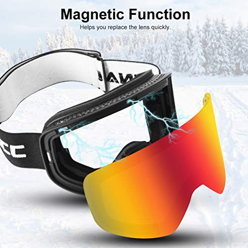 RUNACC Ski Snowboard Snow Goggles Magnet Layers Lens Over Glasses, Anti-Fog 100% UV400 Protection for Men & Women (Red)