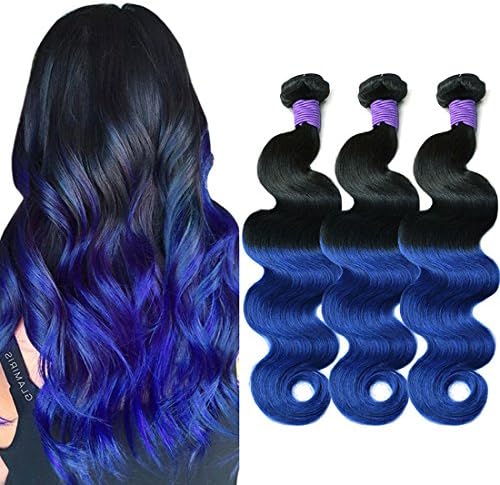 MAOYUAN 8A Ombre Mink Brazilian Virgin Hair Body Wave Blue Ombre Human Hair Weave 3 Bundles 300g 130% Density Hair Extensions (20 22 24, Blue)