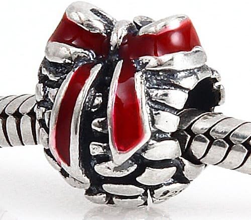 Hoobeads 925 Sterling Silver Red Enamel Pinecone Christmas Gift Charm Beads Fit European Bracelets
