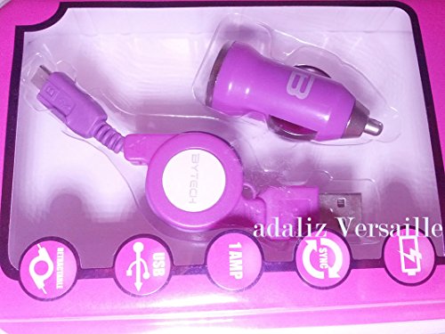 Micro Purple USB car charger retractable compatible Samsung HTC Motorola iPhone