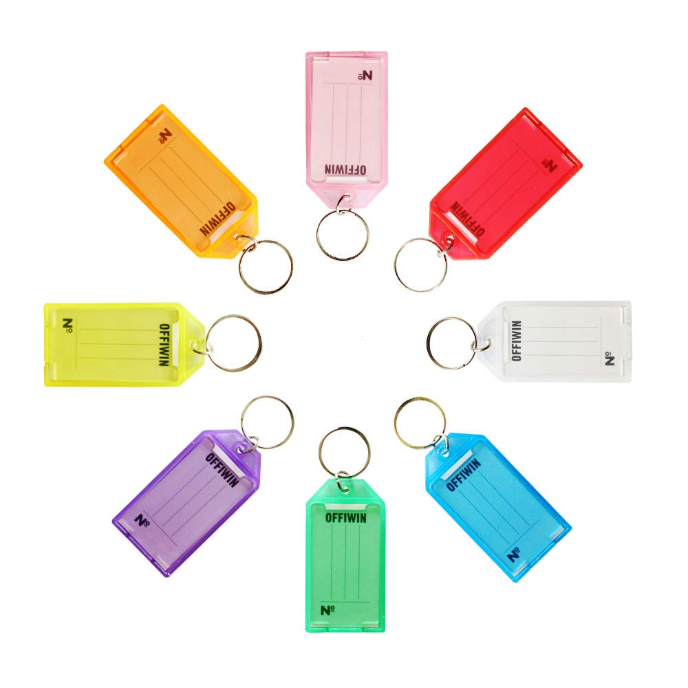 OFFIWIN 24 PCS Plastic Key Tags Keys Identifier ID Labels with Split Ring Label Window, Assorted Colors in one PET Jar