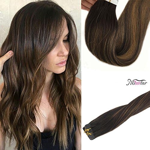 Misstar 40pcs/100gg Remy Tape in Ombre Hair Extensions Two Tone Balayage Brown Seamless Glue in Real Remy Human Hair Extensions 16inches