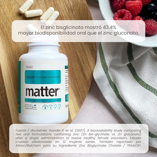 Matter Zincox, Suplementos Alimenticios de Zinc Bisglicinato Quelato TRAACS® con L-Lisina, Apoya la Protección Celular, Vitalidad y Bienestar Integral, 60 Cápsulas Vegetales