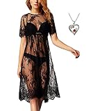 HOMEY INN Women's Fashion Perspective Lace Swimwear Blouse Short Sleeve Lace Dress (S, Black1)
