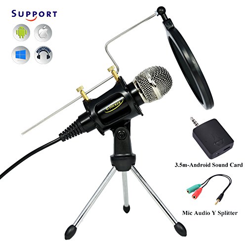 G-Touker Multi Condenser iphone Microphones, recording mic for pc/laptop, Include Android 3.5m Sound Card mic & Tripod Stand with pop filter and shock mount for singing, video, games,chating (black)