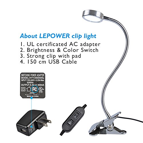 LEPOWER Clip on Light / Clip on Lamp/ Light Color Changeable/ Night Light Clip on for Desk, Bed Headboard and Computers (Silver)