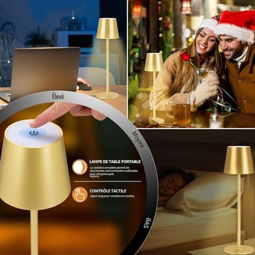 Lot de 2 lampes de table LED à intensité variable, sans fil, rechargeables, couleur de lumière chaude 3000 K, pour l'intérieur et l'extérieur, avec USB-C, aluminium, étanchéité IP54 (Or)