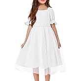 Batermoon Girls Summer Tutu Tulle Dress Puff Short Sleeve Square Neck Flowy Sundress Casual Party Midi Dresses 5-14Y