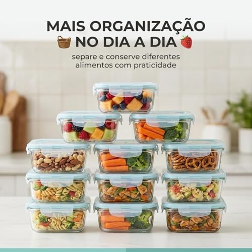 Pote de Vidro Hermético 370ml Retangular Kit 10 Unidades Marmita com Trava Organizador de Alimentos para Geladeira Freezer e Microondas