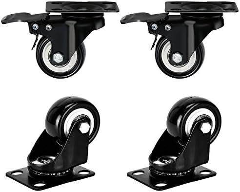 Plate Casters, DICASAL 2" Swivel Heavy Duty Furniture Castors Rollers, PU Non-marking Noiseless Wheels 2 with Brakes and 2 Unlocks Black
