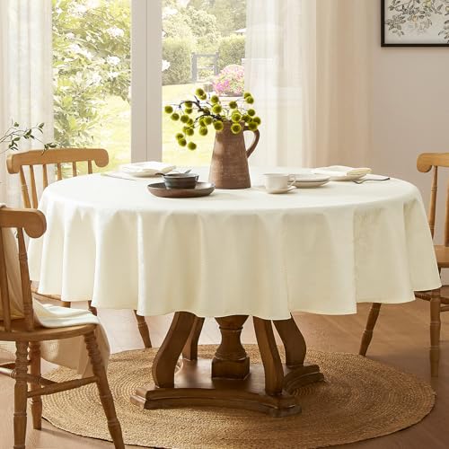 Softalker Outdoor Tablecloth Stain-Resistant Round 140 cm Diameter Beige Striped Jacquard Tablecloths Water Repellent Protects the Table for Dining Room, Kitchen, Birthday, Holiday, Party, Picnic, 1 Piece