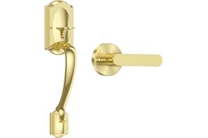 Calzibeno Front Door Handle No Lock, Entry Door Handle Exterior with Interior Reversible Handle Lever, Lower Half Grip, Single Cylinder, Door Handle Sets for Right or Left Handed Door, Gold