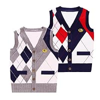 Happy childhood Toddler Boys School Uniform V Neck Cardigans Sweater Vest Block Plaid Grey/Navy (Grey, Size 140: 6-7 Years)
