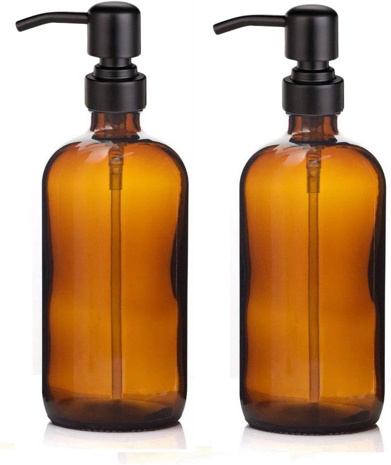 Kaiking 16 ounce Amber Glass Boston Round Bottles Dispenser-Liquid Pint Jar Soap Dispenser with Matte Black Stainless Steel Rustproof Pump for Essential Oils,Lotions Detergent (2)