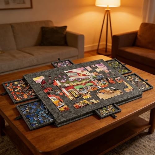 LUPATDY Tilting Puzzle Table, Puzzle Tray for Puzzles up to 1000 Pieces, Portable Puzzle Tray with 6 Felt Drawers with Stand and Lid 2-in-1 (Black)