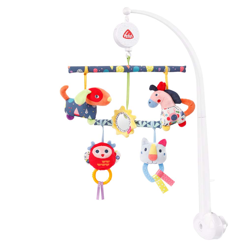 Fehn 055214 Activity-Music-Mobile COLOR Friends - Mobile with melody Brother Jakob & removable play figures - With bed attachment - For babies from 0-5 months - Size: Ø 36 cm, Height: 65 cm