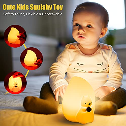 Squirrel Kids Night Light, Cute Silicone Baby Night Light with Touch Control, Squishy Portable Rechargeable Led Animal Nusery Lamp for Toddlers’ Room, Kawaii Birthday Gifts for Boys Girls Teens