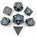 IvyFieldDice Shiny Black Painted and Blue Numbers, Polyhedral Metal Dice with Metal Case, Set of 7 for RPG D&D Math Teaching