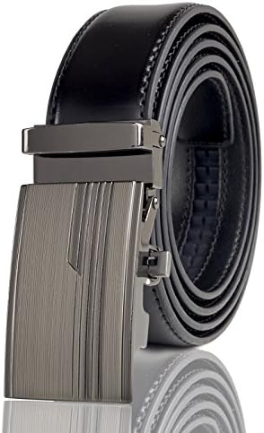 Cremson Men Gift Genuine Leather Metal Automatic Buckle Track Ratchet Dress Belt - Embossed Stripes Automatic Buckle/Black Leather