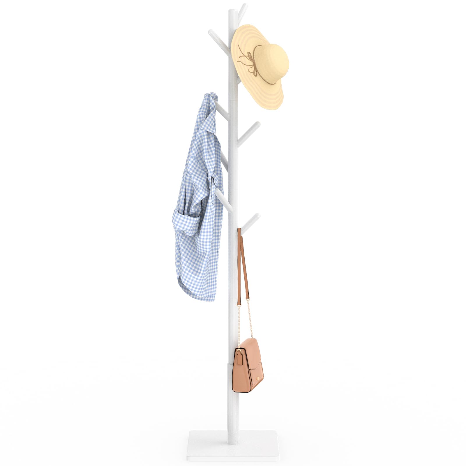 YheenLf Coat Rack Freestanding with Stable Square Base for Cloathes, Hat, Used in Bedroom, Office and Entryway, Sturdy and Easy Assembly Coat Tree with 3 Adjustable Sizes and 8 Hooks, White