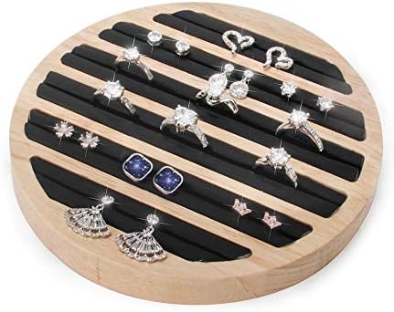 DesignSter Bamboo Wooden Ring Display Tray - Round Large Capacity 6 Long Slots Leather Insert Jewelry Storage Holder Earring Showcase Organizer for Drawer, Dresser, Stackable