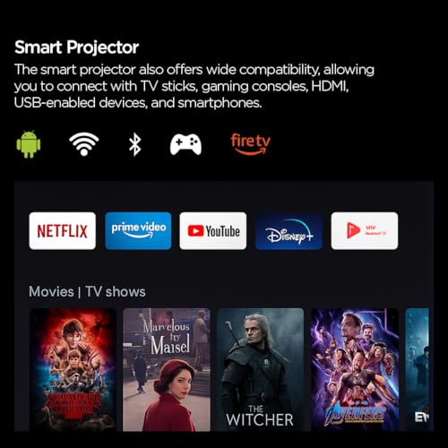 Boss Projector 4K S7 | 7000 Lumens, 3D Android Smart Projector - 3840x2160 Resolution, Free Projector Screen, Free Mount, 300" Display, Bluetooth & Wi-Fi - Home Theater